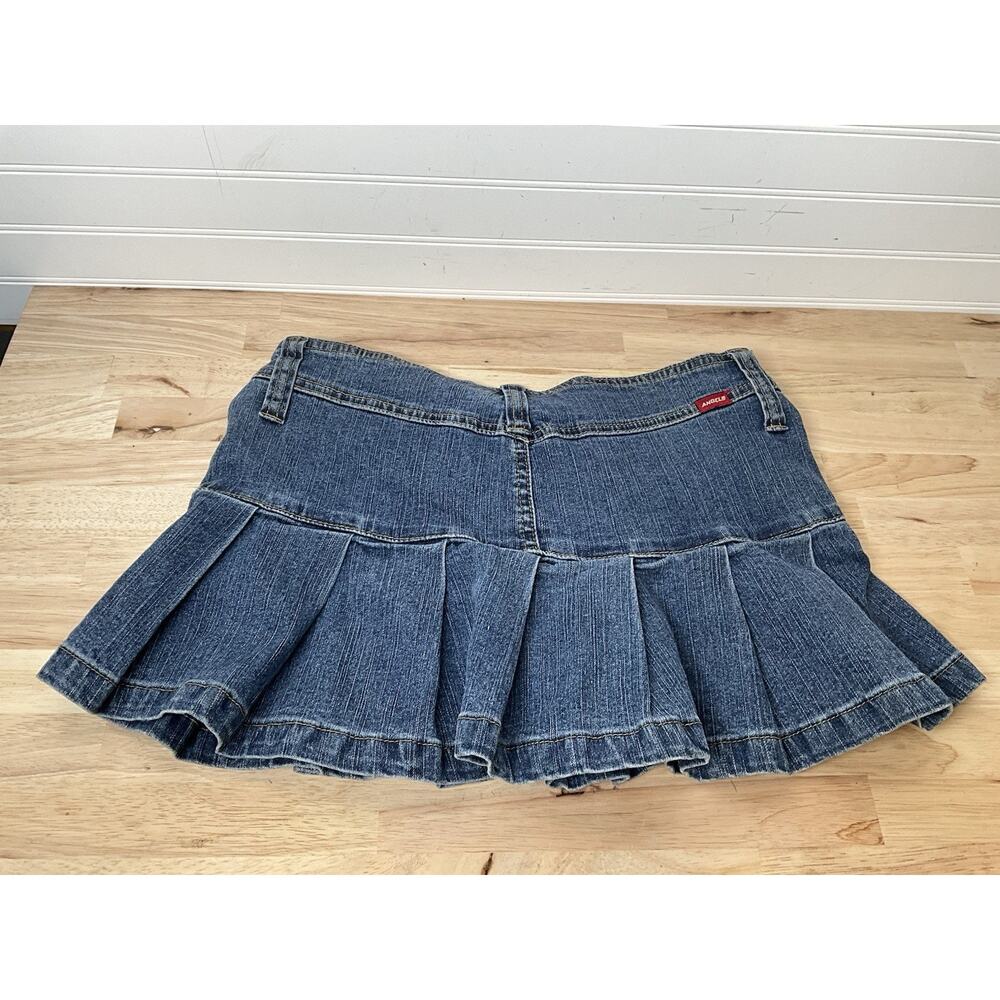 Size 9 Angels Denim Micro Skirt Pleated/Belted HOOP BUCKLE Y2K 2000s Vintage - Picture 6 of 9